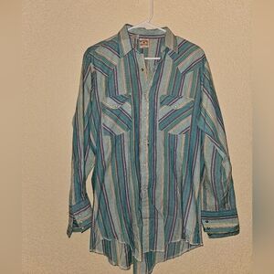 ​VTG Western Frontier Pearl Snap Western Shirt M Striped Teal Blue Cowboy Rodeo
